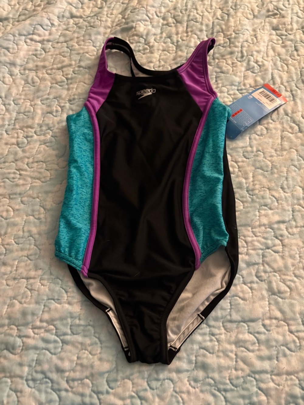 Speedo Black Swimsuit with Teal and Purple Accents